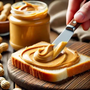 гладко фъстъчено масло, сервирано върху хляб